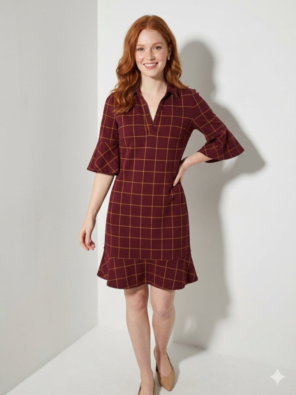 NWT Tyler Böe Johnny Knit Dress Burgundy Gold Plaid Bell Sleeve Ruffle XS